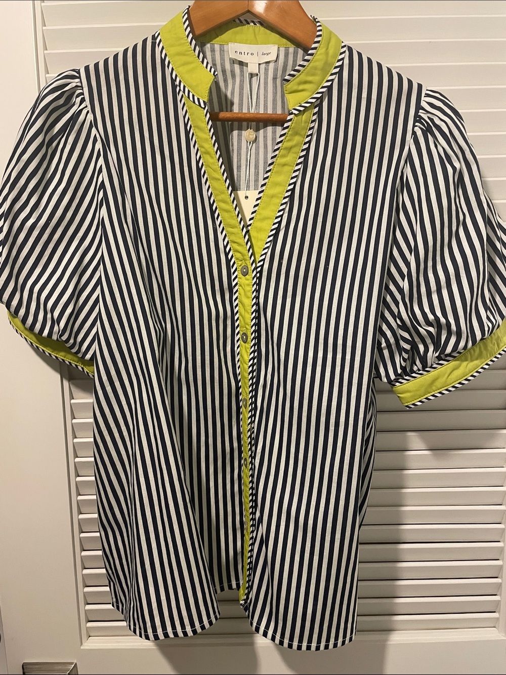 entro Black & White Striped Puff Sleeve Shirt with Lime Trim